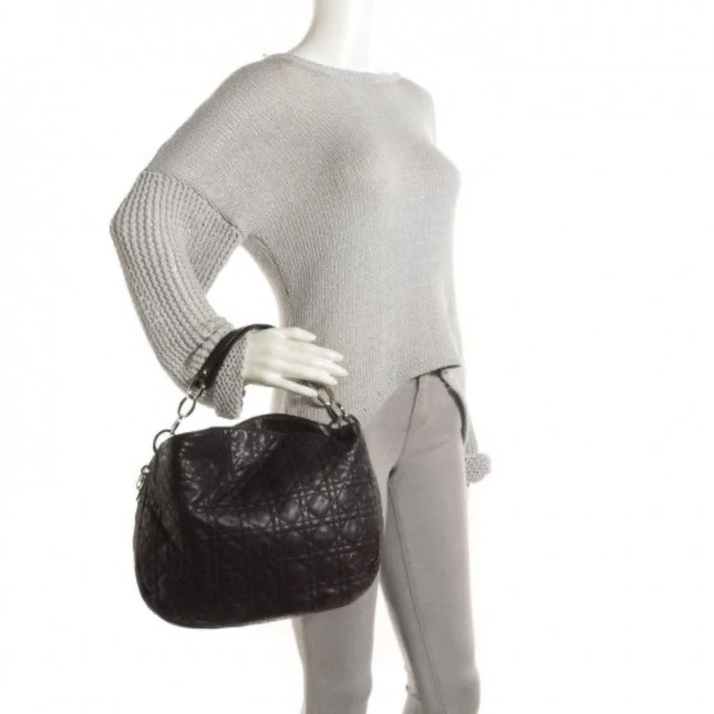 Authentic CHRISTIAN DIOR Cannage Quilted Lambskin Leather Soft Hobo Bag Brown